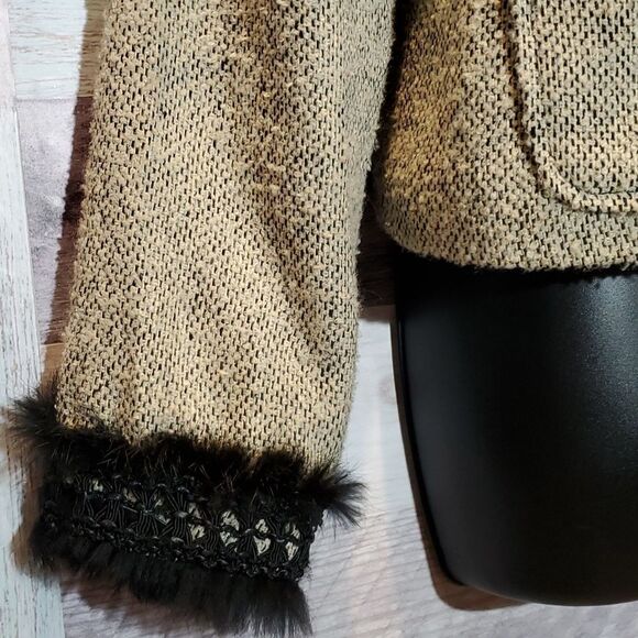 Anne Carson Cream Black Lace Faux Fur Trim Blazer Jacket, Sz M - Picture 4 of 7